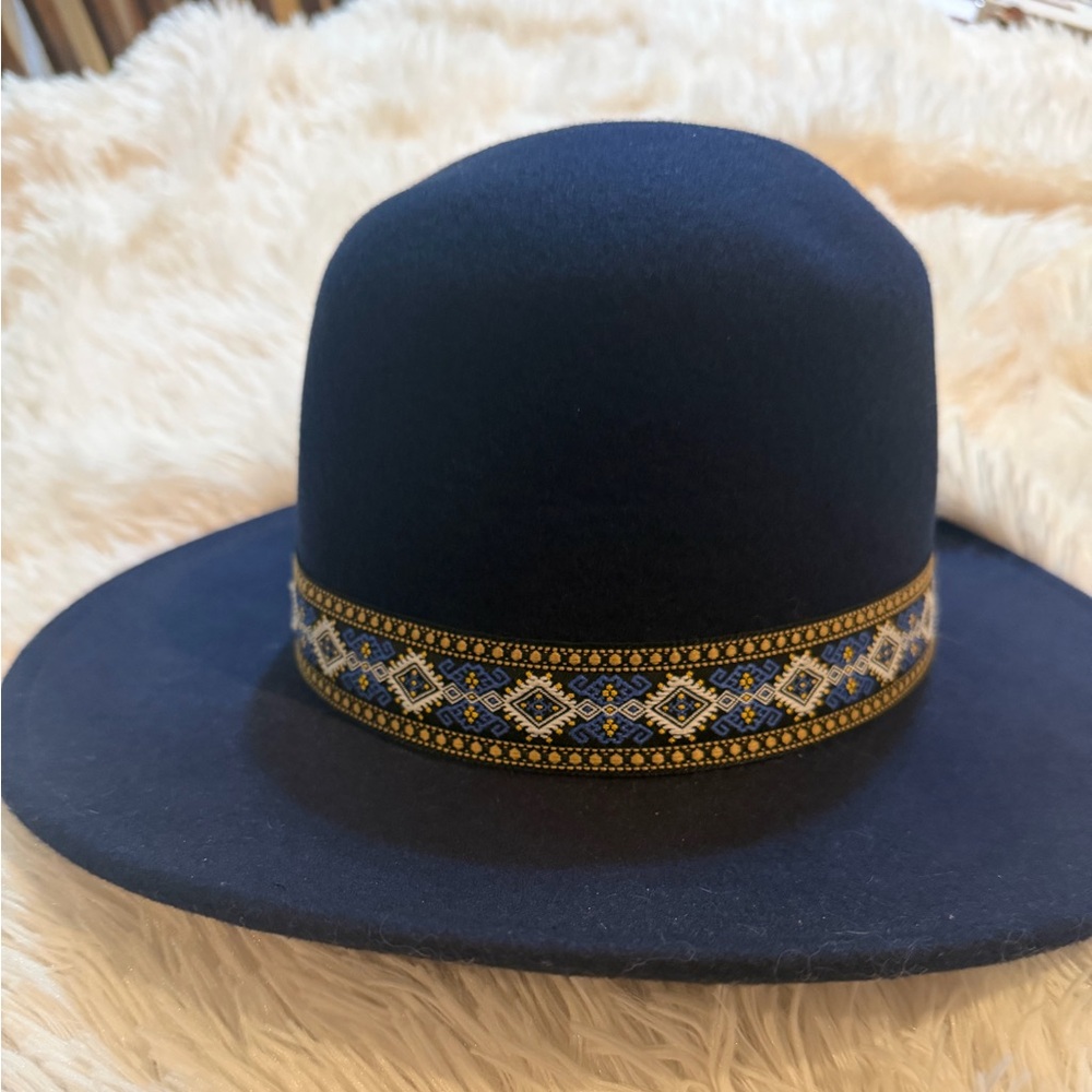 Wide-Brim Felt Womens Hat in Navy with Decorative Embroidered Band